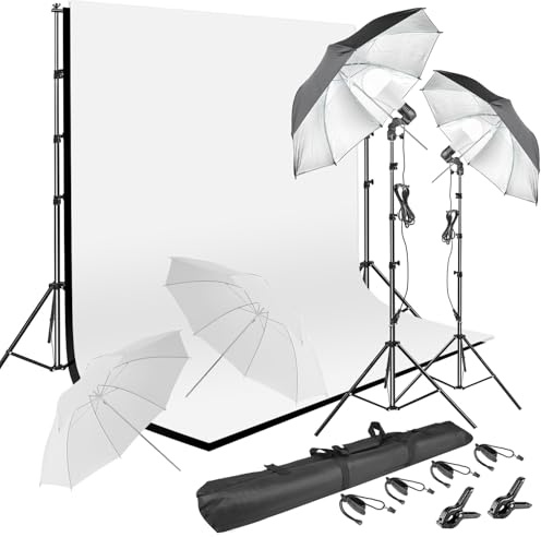 HYJ-INC Photography Umbrella Lighting Kit with 85w Led Bulb,Muslin Backdrop (White Black), Backdrop, Clips Clamp,8.5 * 10ft Photo Background Photography Stand System for Photo Video Studio Shooting