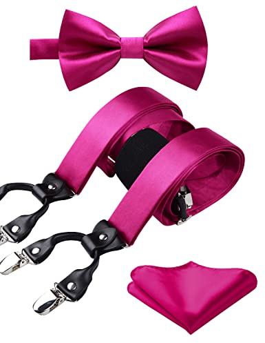 HISDERN Pink Bow Tie and Suspenders for Men Solid Handkerchief 6 Clips Adjustable Y Shape Tuxedo Hot Pink Suspenders & Pocket Square Set Wedding Party Braces