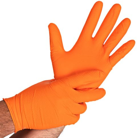 FRANZ MENSCH 50 Stück Hygostar Nitrilhandschuhe Power Grip | puderfrei, Packung, orange, 9/L, L: 24cm, Einweghandschuhe, Mechaniker, Latexfrei, Fischschuppen-Struktur