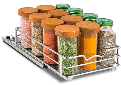 HOLDN’ STORAGE Ausziehbarer Schrank-Organizer für Gewürze und Dosen, robust, ausziehbares Gewürzregal, Schrankregal für Dosen, Geschirr usw., 16,5 cm B x 26,6 cm T x 7 cm H, verchromt