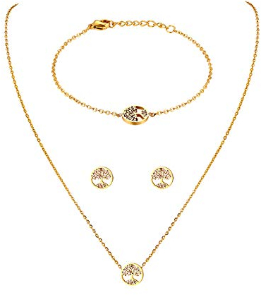 JewelryWe Schmuck Damen Armband Halskette Ohrringe Schmuckset Edelstahl Lebensbaum Anhänger mit Kette, Armkette & Ohrstecker Set für Frau Mädchen Gold