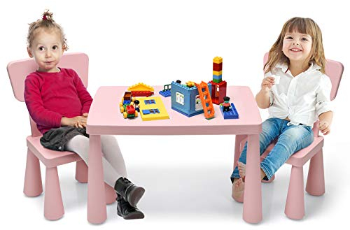 COSTWAY 3 TLG. Kindersitzgruppe, Kindertischgruppe, Kindertisch mit 2 Stühlen, Kindermöbel aus Kunststoff, Kinder Tischset für Kindergarten und Kinderzimmer (Pink)