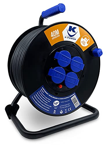 K•Power – Kabeltrommel, elektrisch, Querschnitt 3 G2,5 mm², H07RNF 16 A, 4 Steckdosen IP44, Thermoschutzschalter, Tragegriff, Verlängerungskabel ... (40 m 3G2,5)