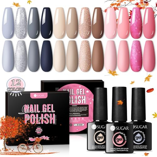 UR SUGAR UV Nagellack Grau Rosa, 12 Farben Gel Nagellack Set Nude Grau Rosa Pink Glitzer Gellack Farbgel für Gelnägel Nageldesign Sets Valentinstag Gel für Maniküre Nageldesign