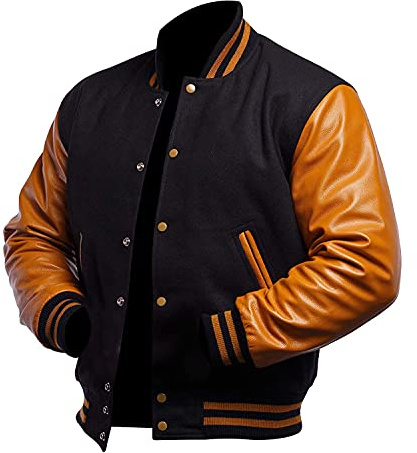 LP-FACON - Giacca da uomo, stile college/baseball, bomber, nera, modello letterman, varsity, L