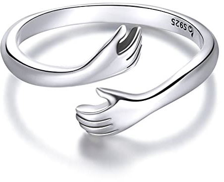 Qings Hug Anillos Embrace para Mujer Plata 925, Anillo de Compromiso Hugging de Dedo para Hombre Anillo Band Manos Joyería Inspiradora Ajustable Abierta Regalo para Esposa Esposo Mejor Amigo