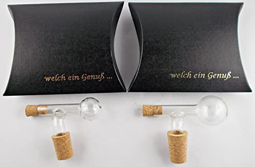 H-BO Ausgießer aus Glas 2 Glaskugelportionierer Naturkork 1cl + 2cl schwarze Kissenschachtel