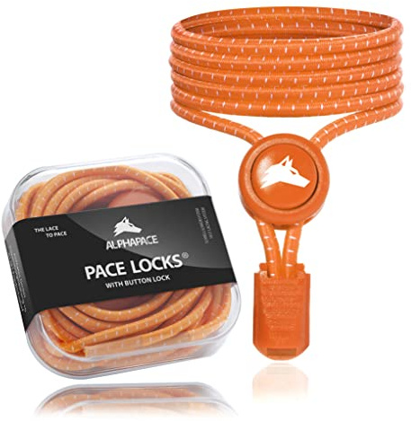 ALPHAPACE Pace Locks med knapplås, elastiska skosnören utan knytning med snabblås, skoband utan snören, sport, ungdom och äldre, 120 cm, Neonorange W/W ränder, Einheitsgröße