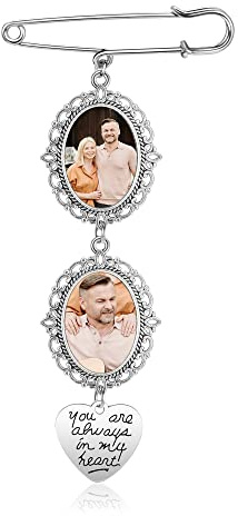PiercingJak Personnalisé Photo Bouquet de Mariage Broche Épingle Photo Pin Breloque Médaillon Charme avec Coeur Pendentif Cadeau Marié Mariée Costume Bijoux Femme Homme