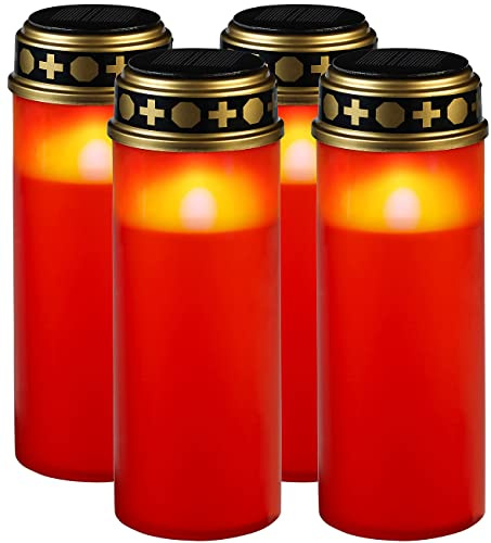 PEARL Grablicht mit Sensor: 4er-Set XXL-Solar-LED-Grabkerzen mit Dauerlicht und Akku, 21 cm, rot (Grab Solarleuchten, Friedhofslichter Solar, Solarzelle)