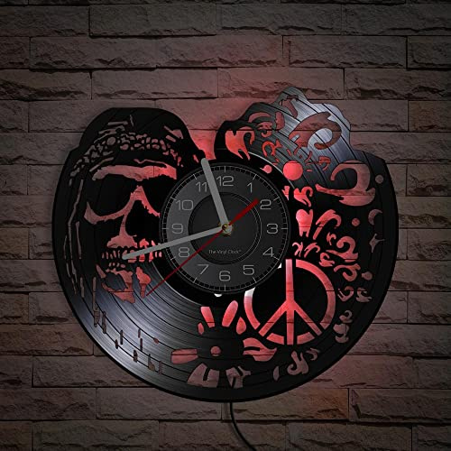 Smotly Vinyl-Wanduhr mit sieben Farben, Nachtlicht-Atmosphäre, Totenkopf-Design, personalisiertes Wanduhr-Geschenk