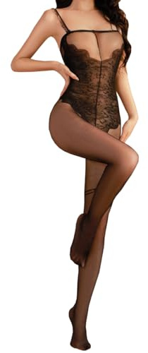SNOMYRS Body de malla de malla para mujer, lencería sexy para mujer, babydoll de encaje, ropa de dormir ajustada, Negro, talla única