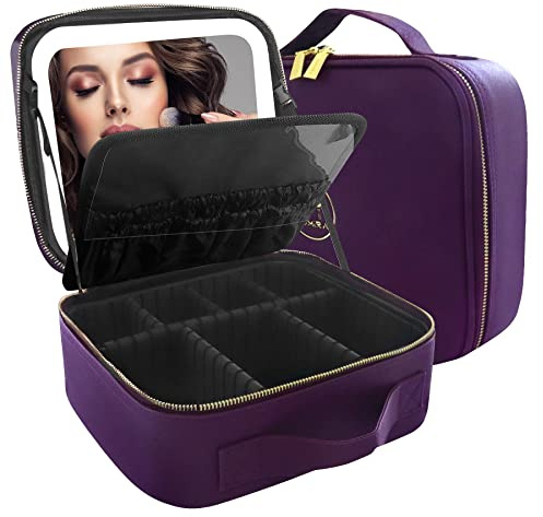 MOMIRA Reise-Makeup Tasche Kosmetiktasche mit beleuchtetem Spiegel, Einstellbarer Helligkeit in 3 Farbszenarien, Geschenk für Frauen - Tiefes Violett