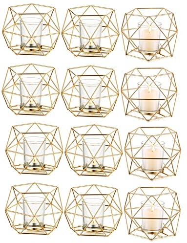Hewory 12er Set Gold Teelichthalter Glas Modern Kerzenhalter für Teelicht | Geometrische Form, Dickes Premium-Glas, Windlicht Metall für Hochzeit Deko Wohnzimmer Wohnung, Vielseitige Teelichtgläser