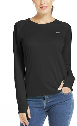 WILLIT Blusa deportiva para mujer, protección solar UPF 50+, camiseta de manga larga, camiseta deportiva Rashguard bañador, correr, natación, senderismo, pesca, tops ligeros, Negro , L
