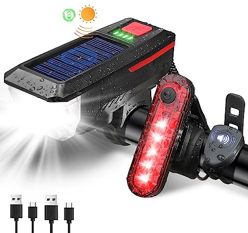 SODPE Bike Light, Sloar & USB Rechargeable Bicycle Light Set with Horn, Super Bright LED Bike Lights for Night Riding Front and Back, Waterproof Safety Headlight and Rear Taillight Set