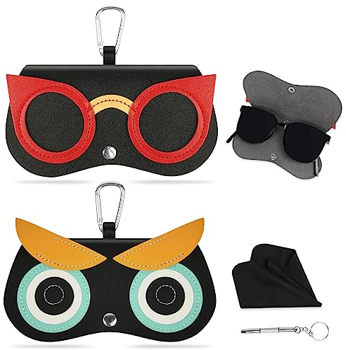 flintronic Mode Sonnenbrillenetui, 2 Stück Tragbares Etui Für Sonnenbrillen, Brillenetui Sonnenbrille Weich mit Karabiner, Trend Leder Sonnenbrille Tasche Mädchen, Brillenetui mit Tierkarikatur