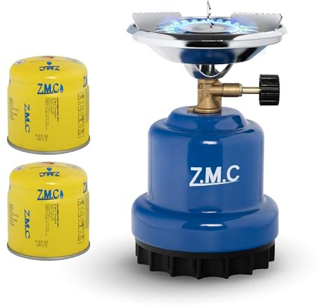 Z.M.C Campingkocher Gaskocher 1100 W + 2x Gaskartuschen 190g Kohlenanzünder | für 190g-Stechkartuschen | nur ca. 520 g leicht | 13x20 cm | Metall & Kunststoff robust