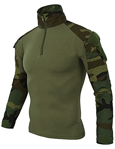 Camiseta Militar Táctica para Hombre - Ajustada, Manga Larga, Camuflaje, Combate, Paintball, Airsoft, Uniforme - Verde Militar, L