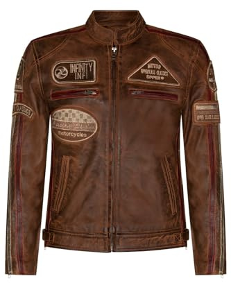 Infinity Leather Hombres Tan cuero Biker Insignias Racing Moto Chaqueta L