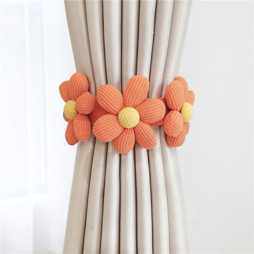 Vorhang Raffhalter Gardinenclips, 2 Stück Bunt Gänseblümchen Gardinenband mit Elastikband, Nordic Einfachheit Vorhanghalter Gardinen Seil für Haus Kinderzimmer Deko (Orange-B)