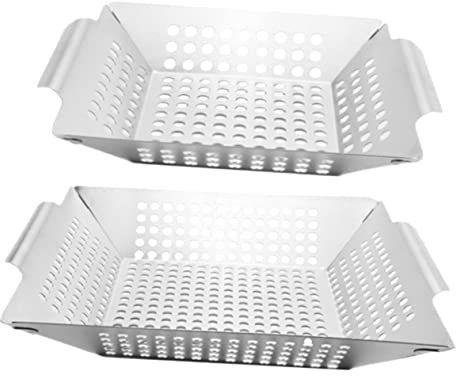 CAXUSD Grillkorb Rund Gemüse Aus Edelstahl Für Draußen BBQ-Grillen Mit Runden Löchern Befestigungsketten Inkl