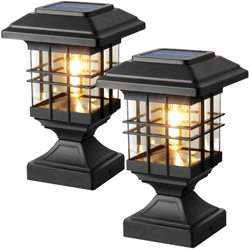 Lffital Luces solares para postes para exteriores, 2 modos, luz LED para valla de cubierta de 4 x 4, 5 x 5, 6 x 6, decoración de patio, jardín, iluminación blanca cálida, color negro (paquete de 2)