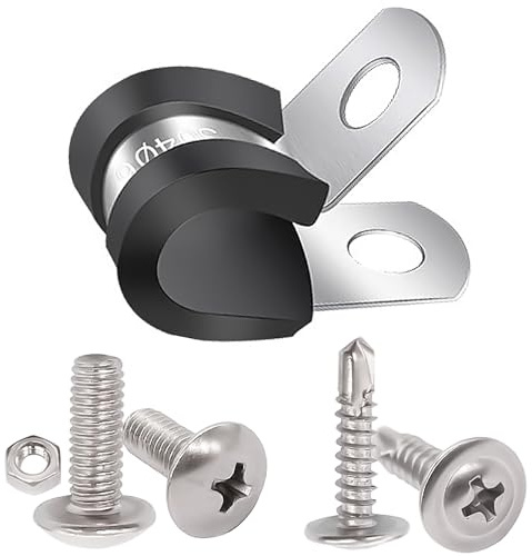 Twidec/50PCS 1/4 Inch Cable Clamp 304 Stainless Steel Rubber Coated Cushion Pipe Clamps,Metal Clamp,With Metal Rubber Clips For Automotive Wire Tube Pipe Clamps N-056-1/4