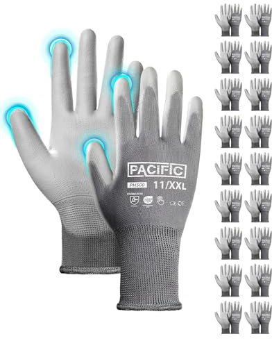 PACIFIC 18 paia di guanti di sicurezza rivestiti in PU, guanti da lavoro multiuso da uomo, Versatili, Protezione Meccanica e Industriale, senza cuciture, Power-Grip, grigio, XXL/11