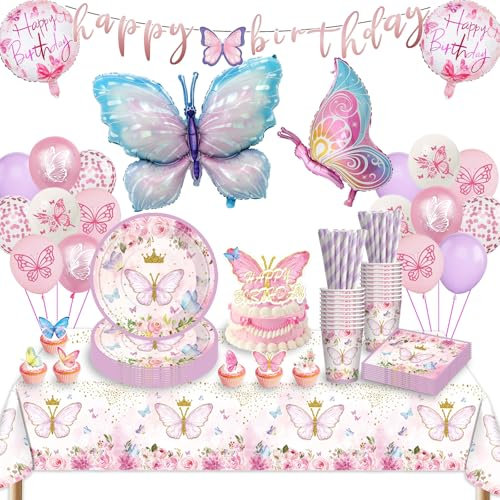 Butterfly Party Tableware Set, Butterfly Birthday Decoration, Birthday Party Tableware, Balloons Paper Plates, Tablecloth for Girls Party Decoration, 16 Guests