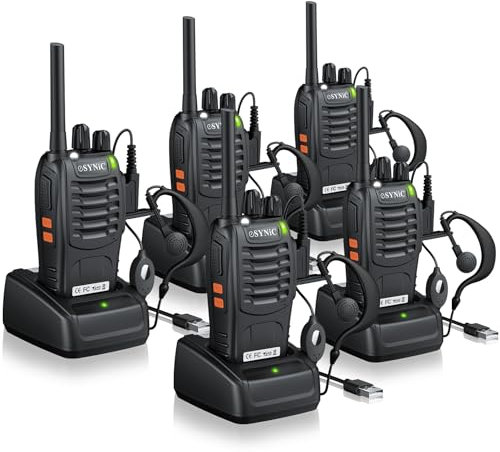 eSynic Walkie Talkie Lizenzfrei PMR446 16 Kanäle Funkgeräte Wiederaufladbarer VOX Radio PMR 0,5 W Funkempfang 16 Kanäle Sprechfunkgerät Mit USB-Ladestation und Headset (5 Stück)