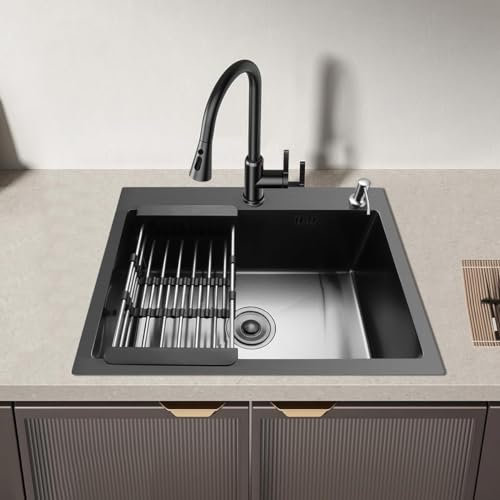 VJDKGUIDC Fregadero de Cocina Negro de Acero Inoxidable, Fregadero Bajo/Encimera/Enrasado con Escurridor, Sifón, Dispensador Jabón y Juego Desagüe