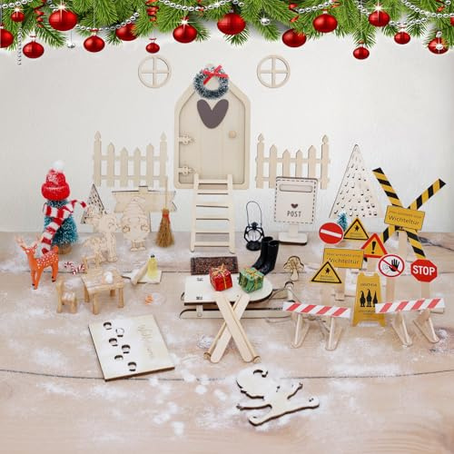46 Pcs Wichteltür Komplettset Wichteltür Zubehör Weihnachten Set, Miniatur Wichtel Zubehör Wichtelhaus Bastelset ,Baustelle, Mütze,Weihnachtswichtel Deko für DIY Adventskalender Geschenk für Kinder