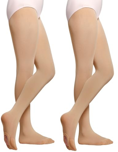 MANZI 2 par balettstrumpbyxor för flickor med hål genomskinliga dansstrumpbyxor för flickor 40 denier barn, strumpbyxor för 4–13 år storlek 105–150, 2 par Suntan, 4-6 år