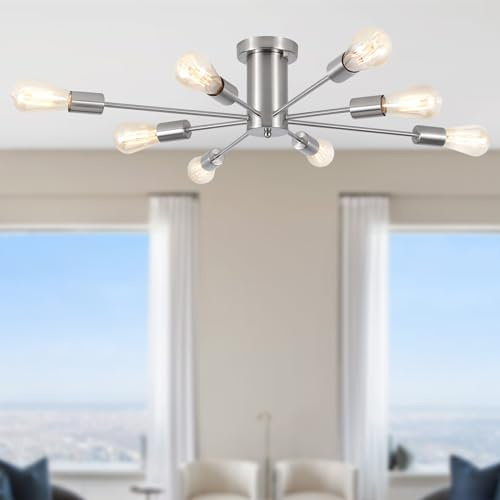 LXWNYY 8 Flammig Industrial Vintage Deckenleuchte Silber 76.4 cm 60W | Galvanisierte Metall, E27 Fassungen,Dimmbar, Sputnik Lampe Deckenleuchte für Schlafzimmer Küche Flur