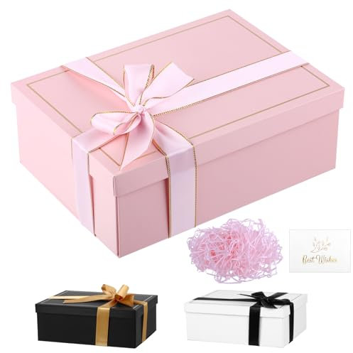 Geschenkbox mit Deckel 24.5 x 17.5 x 8.5cm Rosa mit Band Raffia Grußkarten - Gift Box für Geburtstag, Hochzeit, Valentinstag, Weihnachten