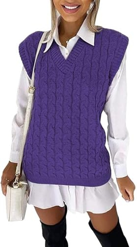 WeaAll Ladies Cable Knit Sleeveless Vest Women's Knitted Jumper Tank Top Winter Chunky Sweaters Purple 20-22