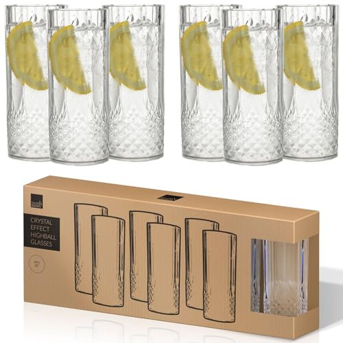 Taylor & Brown Durable 6 Pack Clear Crystal Effect Long Drink Glasses - Plastic Highball Whiskey Wine Champagne Flute Glasses Tumblers Drinks Cups Reusable