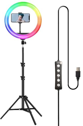 Lampada ad anello RGB da 30 cm con 2 treppiedi, 120 W LED USB, 3 modalità di luce e 9 RGB, kit per trucco, foto e registrazioni, treppiede da 210 cm + mini supporto