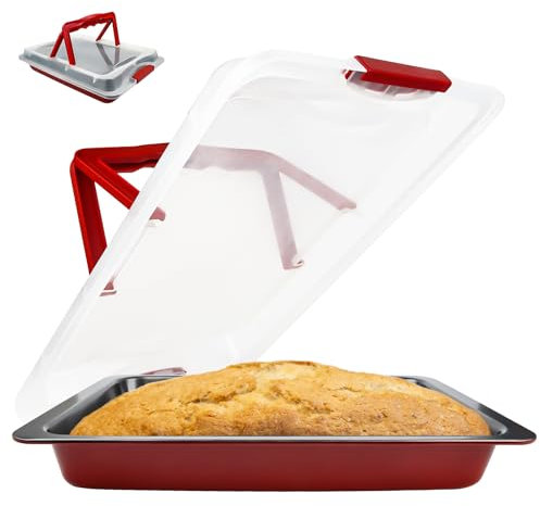 RUNEAY Bandeja para hornear con tapa, molde rectangular para tartas, molde para hornear con cubierta, caja de transporte para tartas, soporte antiadherente para el transporte a fiestas, reuniones y