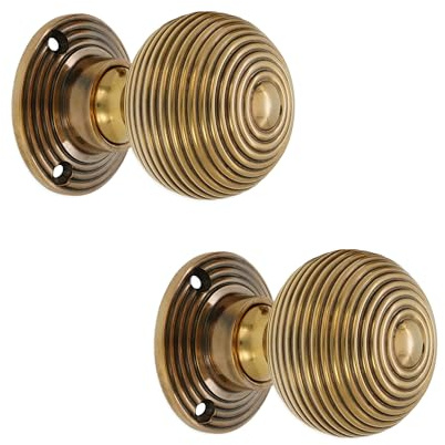 Infinity Decor Pair of Ribbed Beehive Mortice Rim Door Knobs Set 50mm Aged Brass Rose Handles – Suitable for Interior & Exterior Doors