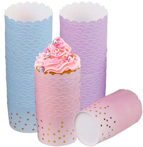 Lot de 150 caissettes à cupcakes, 7 × 6 × 5,5 cm, en papier, 3 couleurs, pour muffins, desserts, mariages, anniversaires, fêtes (rose, violet, bleu)