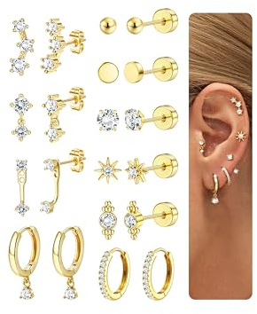 Chriscoco 10 par örhängen i rostfritt stål för kvinnor - silver/guld öronpiercing, allergivänlig, platt botten, traguspiercing, kirurgiskt stål för flera piercingar, Petit, Rostfritt stål
