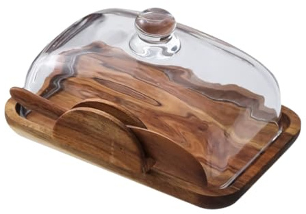 Holz Butterdose mit Deckel aus Glas für Küche und Arbeitsplatte | Elegante Holzoptik, Praktische Frischeaufbewahrung, für Snacks und Lebensmittel Backtisch oder Regal