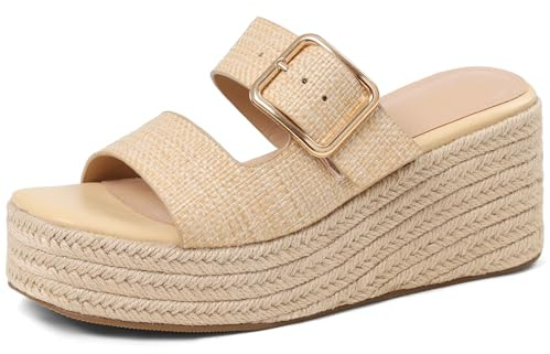 Tarkwa Platform Wedges Sandals for Women Summer Slip on Espadrille Flatform Slides Open Toe Adjustable Buckle Bohemia Beach Raffia Beach Sandals Beige Size 7