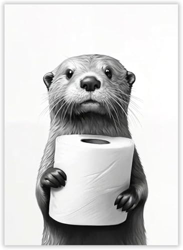 ZBKJYILF Niedliche Badezimmer-Tier-Leinwand-Kunstdrucke, Bilder Badezimmer, Toilettenpapier in der Hand eines Kleinen Lustigen Otters für Wohnzimmer, Schlafzimmer, Büro