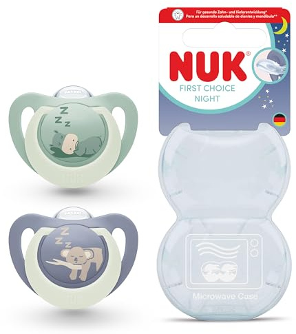 NUK First Choice Nattnappar för bebisar | 18-36 månader | Ortodontiska nappar som lyser i mörkret | Lugnar 99% av bebisarna** | Flodhäst & Koala | 2 stycken