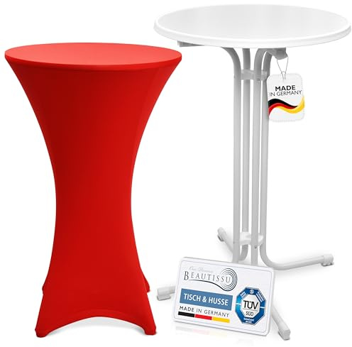 Beautissu Weißer Outdoor Stehtisch klappbar mit Husse wetterfest TÜV | 70cm Rot wetterfester Partytisch mit Stretch Stehtischhusse platzsparender Bistrotisch Gastro-Qualität Stella Bartisch Sylt