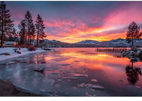 Yunlus Rompecabezas para adultos, 1000 piezas, imposible, difícil, desafiante, para adultos, adolescentes, escena de nieve en el lago, paisaje, puesta de sol, 1000 piezas, 28 x 20 pulgadas
