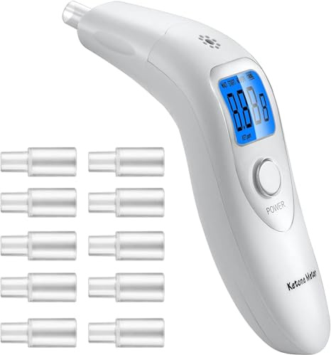 Keton-Testmonitor und Atemmesser, 0-99 ppm, 32 Aufzeichnungen, 10 Mundstücke | Keton-Testmonitor mit 0-99 PPM-Anzeige, 32 Aufzeichnungen, 4-Farb-LCD, 5-Sekunden-Probe und 10 Mundstücke für Keto-Routinen.